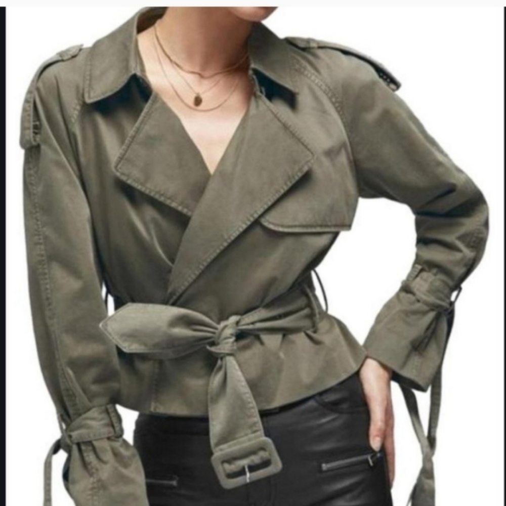 Anine Bing Twill Aria Military Green Cropped Trench Coat Size XS